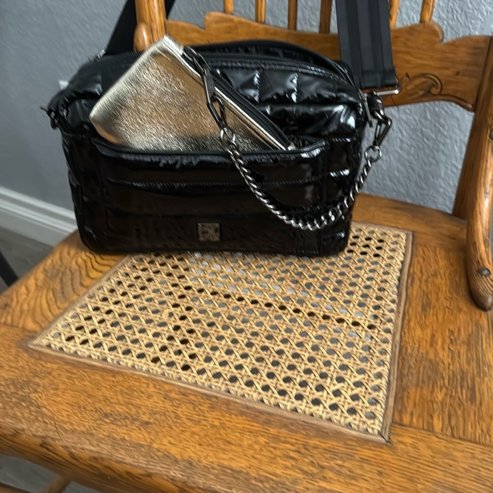 THINK ROYLN Shiny Black Crossbody Bag with Silver Accents